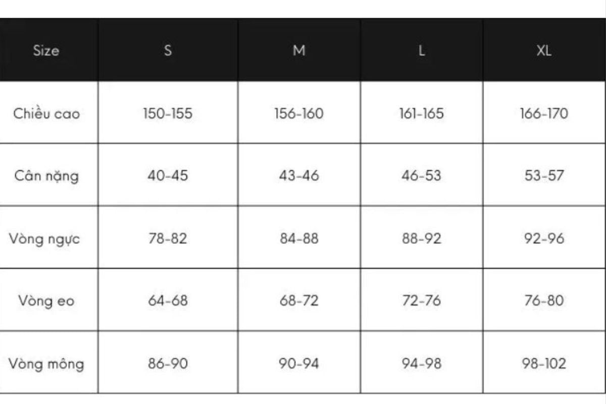 Các ký hiệu S, M, L và XL đại diện cho kích thước quần áo