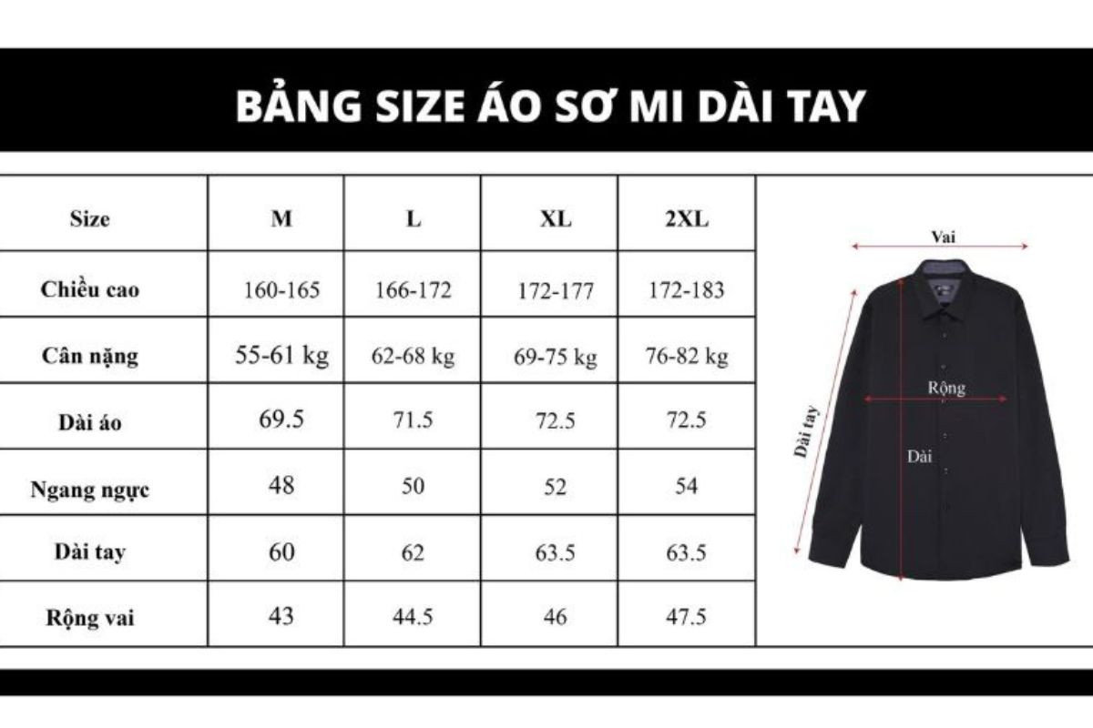 Bảng size áo sơ mi dài tay