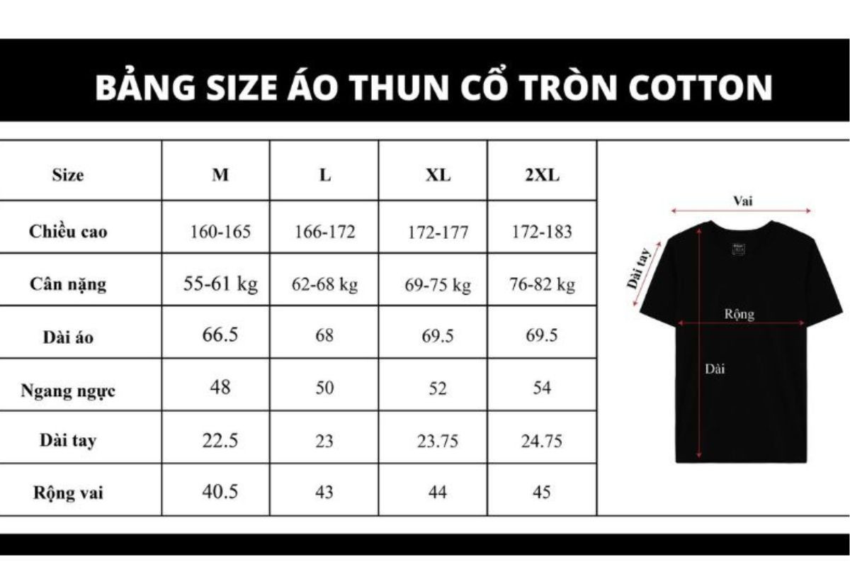 Bảng size áo thun cổ tròn cotton