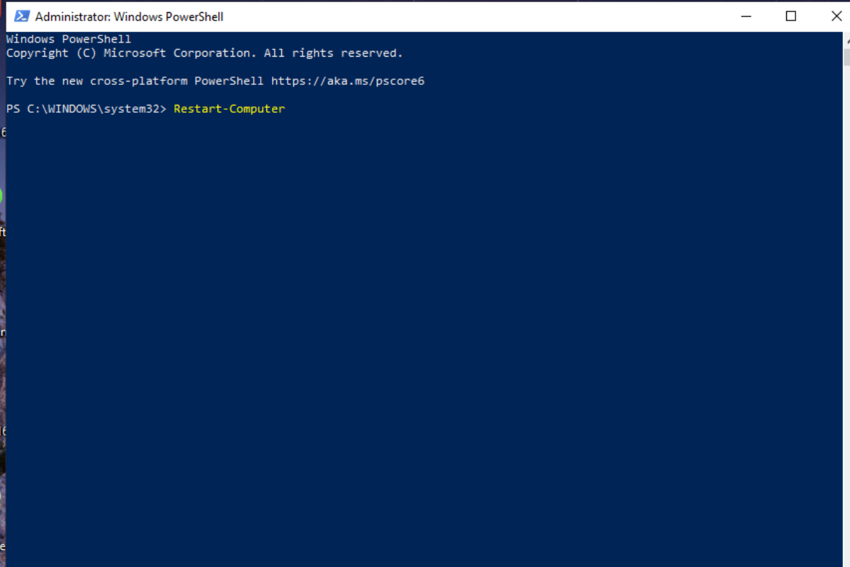 /Nhập câu lệnh Restart-Computer trong PowerShell để khởi động lại máy tính