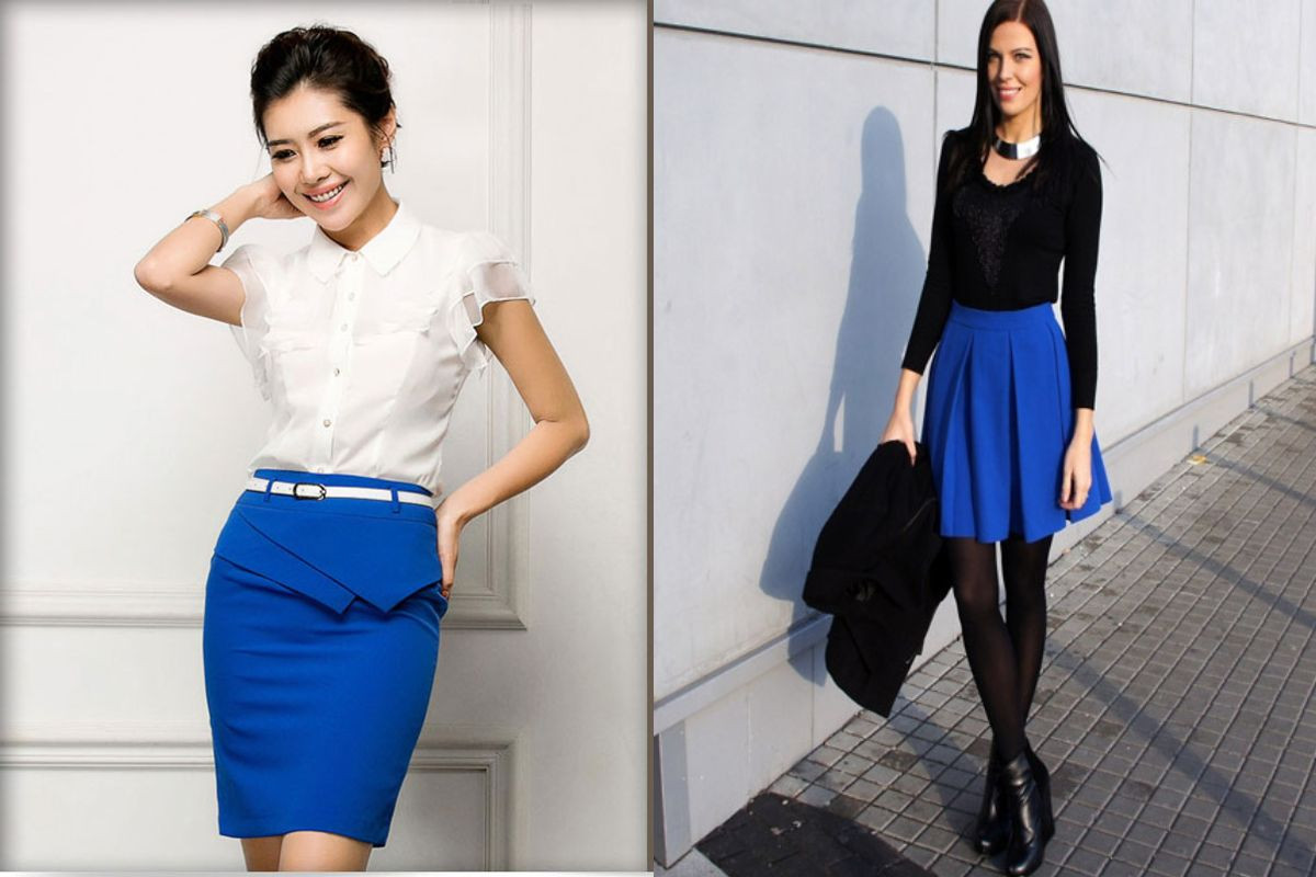 Chân váy xanh dương kết hợp với áo màu gì hợp? Phối đồ cùng màu đen đem đến cho bạn một cảm giác cuốn hút