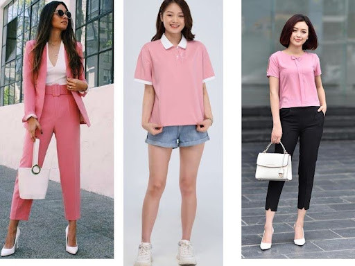 Áo màu hồng cam phối với quần màu đen, màu xanh và màu trắng tạo nên nhiều phong cách khác nhau