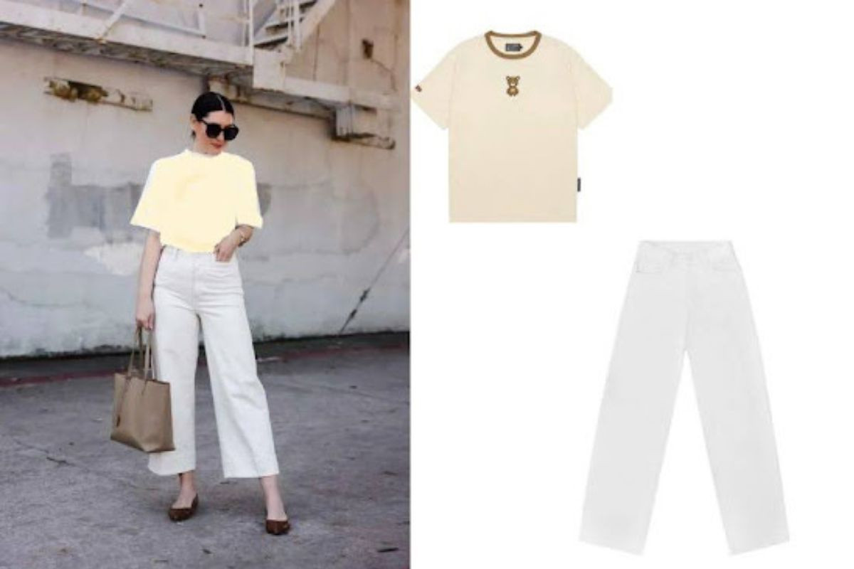 Kết hợp áo thun basic màu be với quần jean trắng ống rộng tạo nên phong cách trẻ trung, năng động 