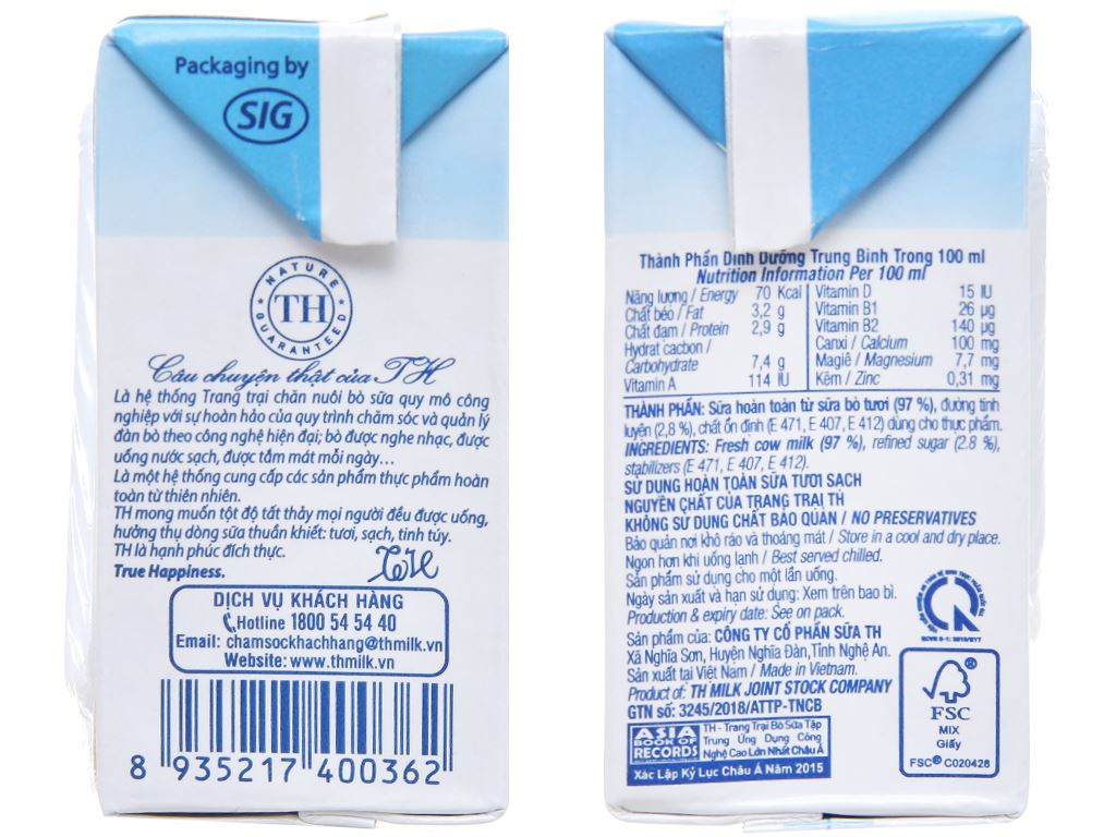 Bên cạnh mỗi hộp sữa tươi TH True Milk đều có ghi thành phần dinh dưỡng