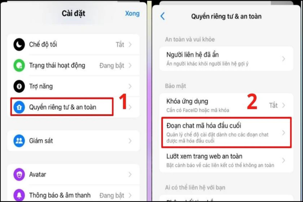 Nhấn chọn “Quyền riêng tư và an toàn” và chọn “Đoạn chat mã hóa đầu cuối”