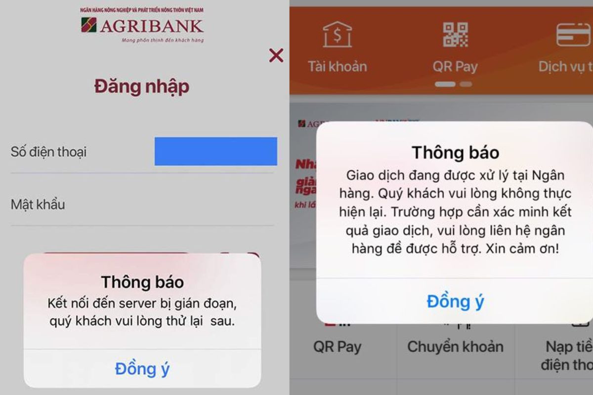 Đăng nhập app Agribank không thành công do ứng dụng đang bảo trì hoặc nhập sai thông tin đăng nhập