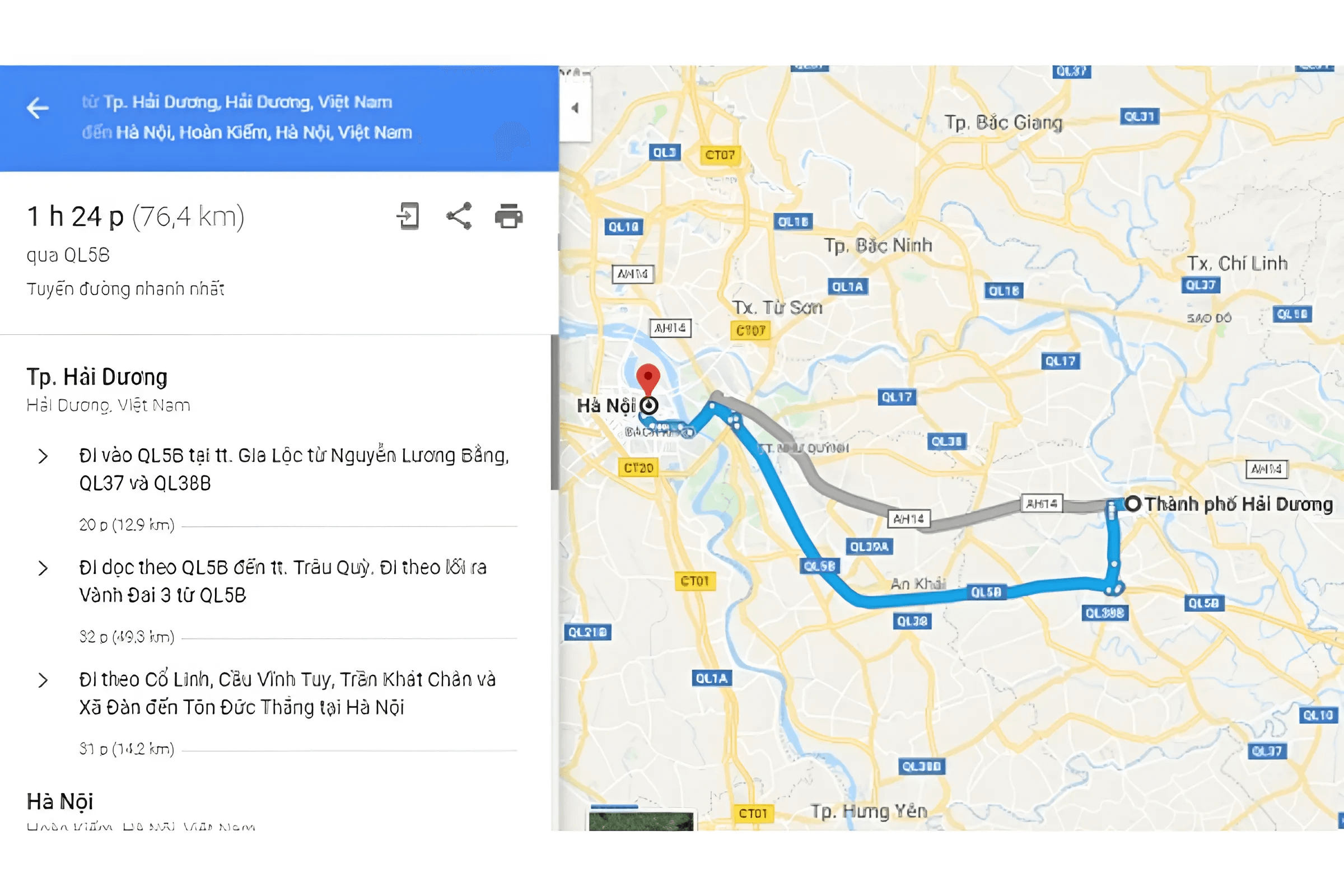 Tuyến đường 2 đi từ Hải Dương đến Hà Nội có khoảng cách là 76,4km, đây cũng là tuyến đường nhanh nhất 