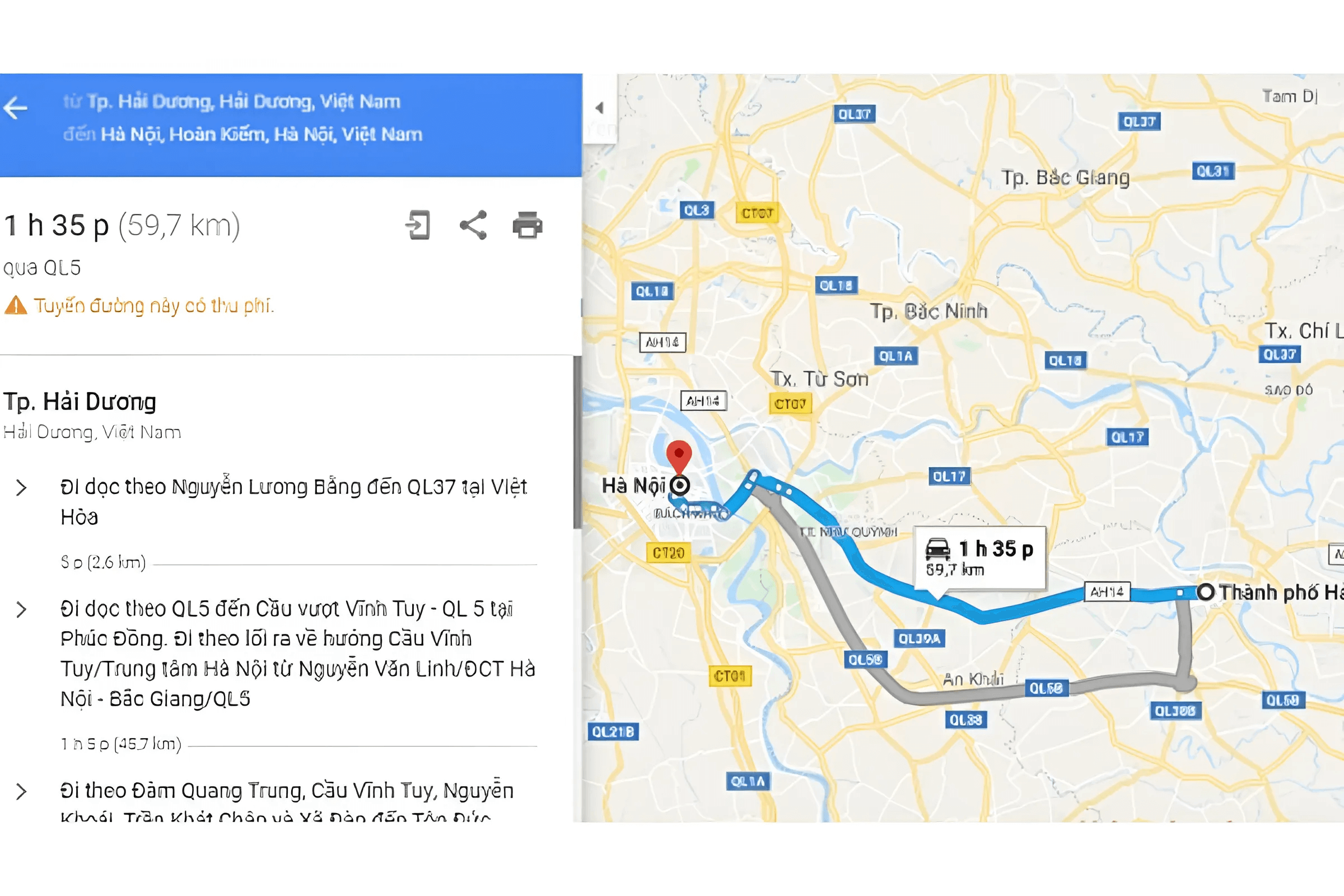 Tuyến đường 1 từ Hải Dương đến Hà Nội đi qua Quốc lộ 5 chỉ khoảng 59,7km