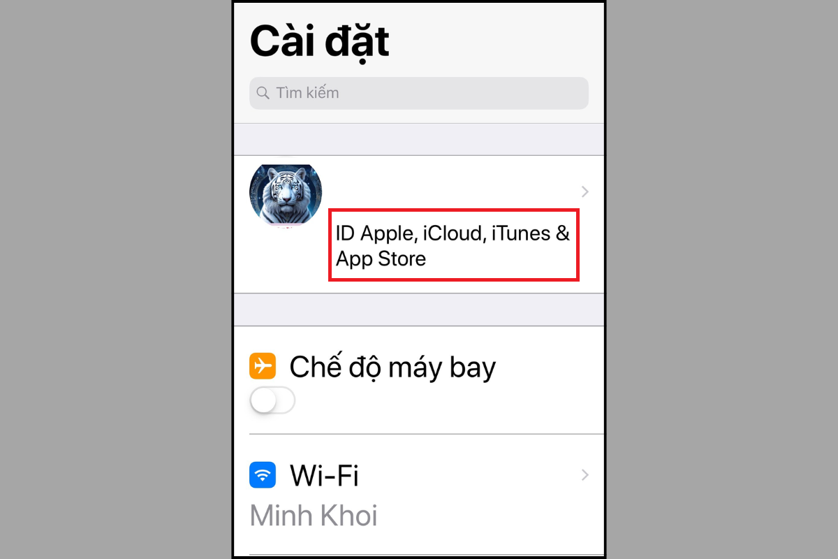 Nhấn chọn ID Apple, iCloud, iTunes & App Store trong Cài đặt
