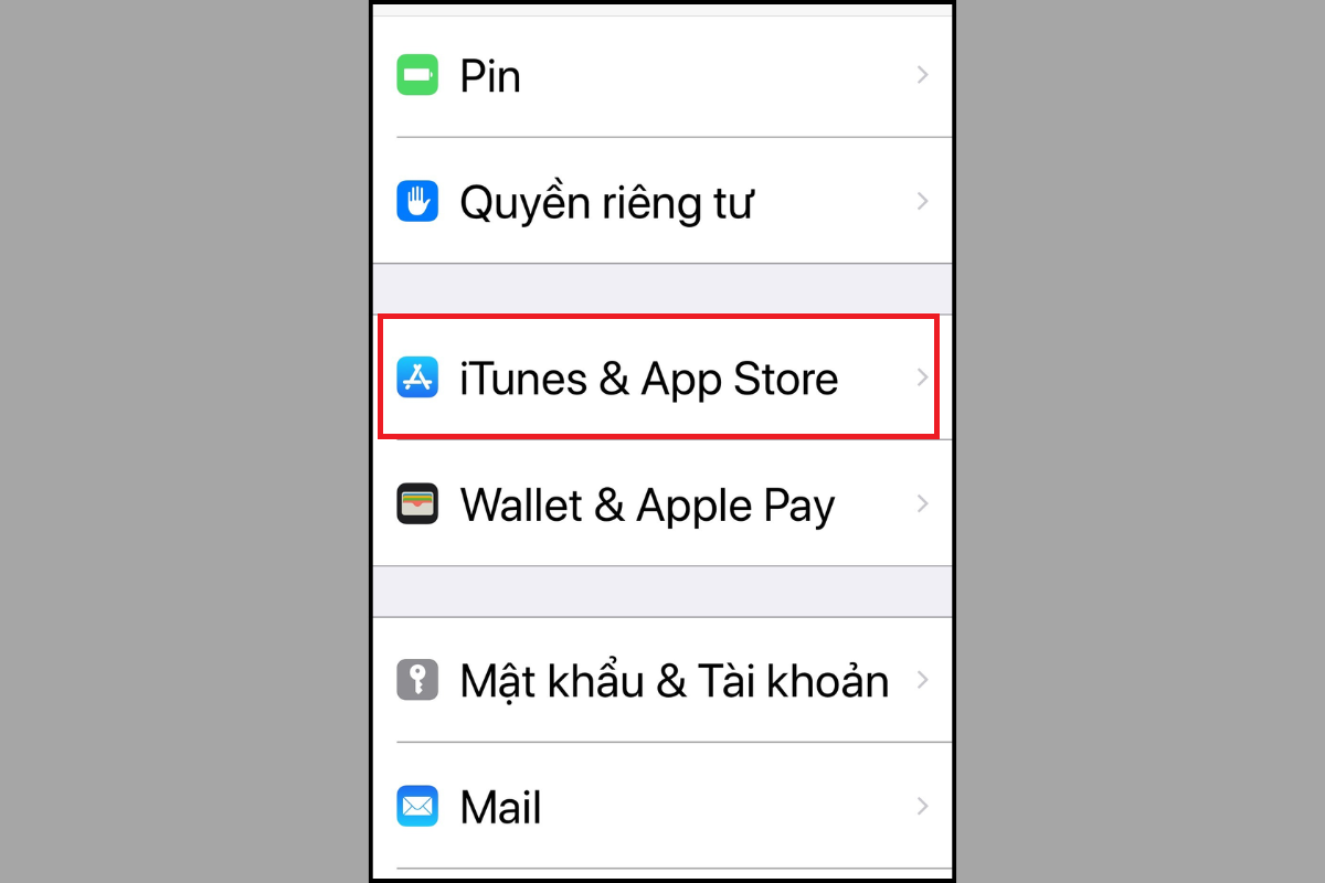 Chọn iTunes & App Store trong Cài đặt iPhone