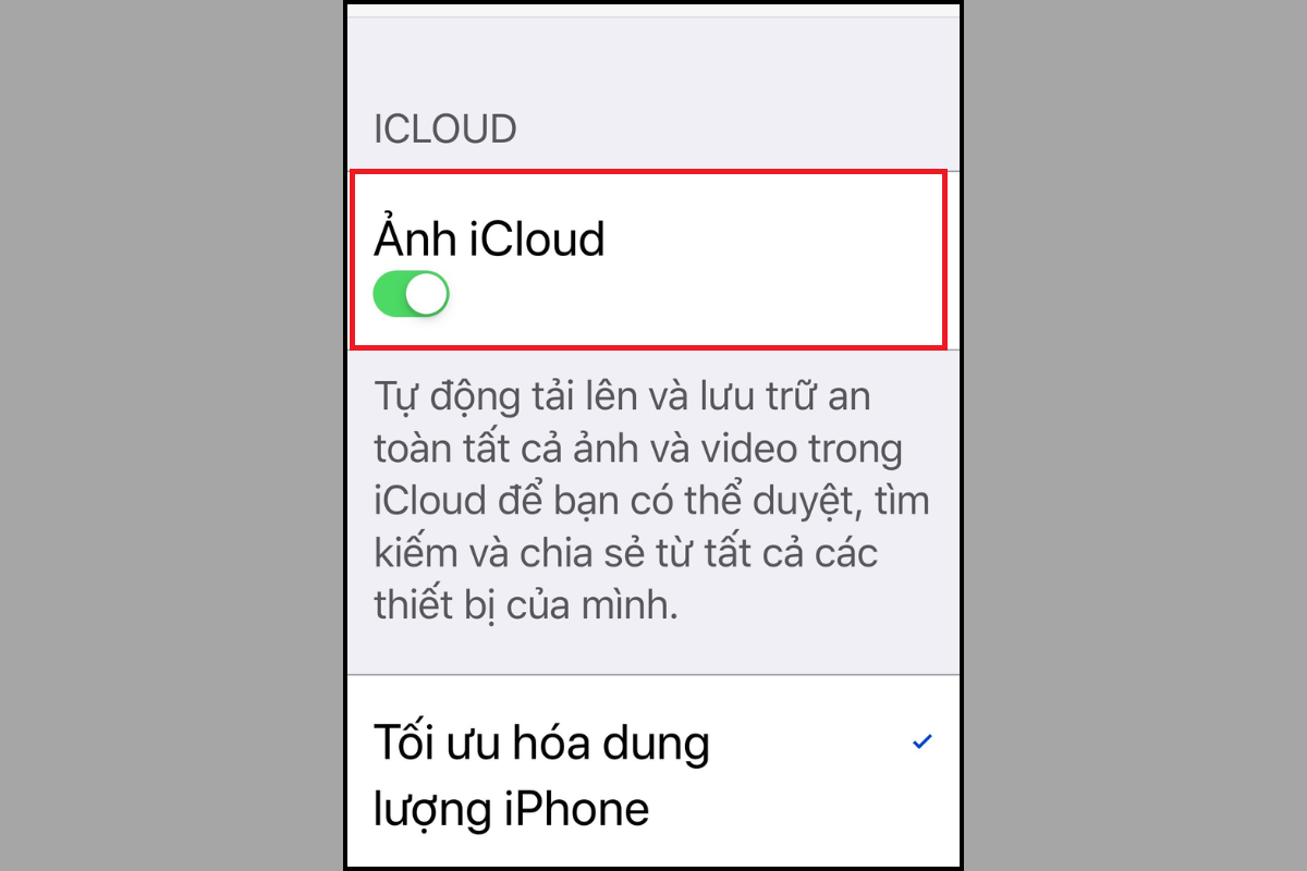 Gạt công tắc Ảnh iCloud để bật tính năng sao lưu hình ảnh