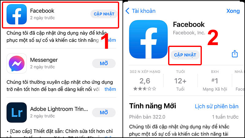 Cập nhật Facebook lên phiên bản mới để khắc phục lỗi không bật được bong bóng chat Messenger trên iPhone