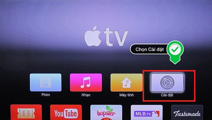 Chọn mục Cài đặt trong giao diện Apple TV trên tivi Sony