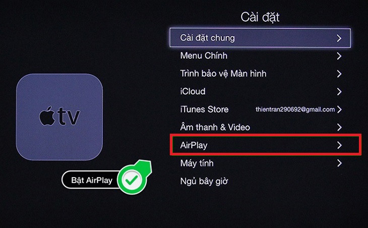 Chọn mục AirPlay trong phần Cài đặt trên Apple TV