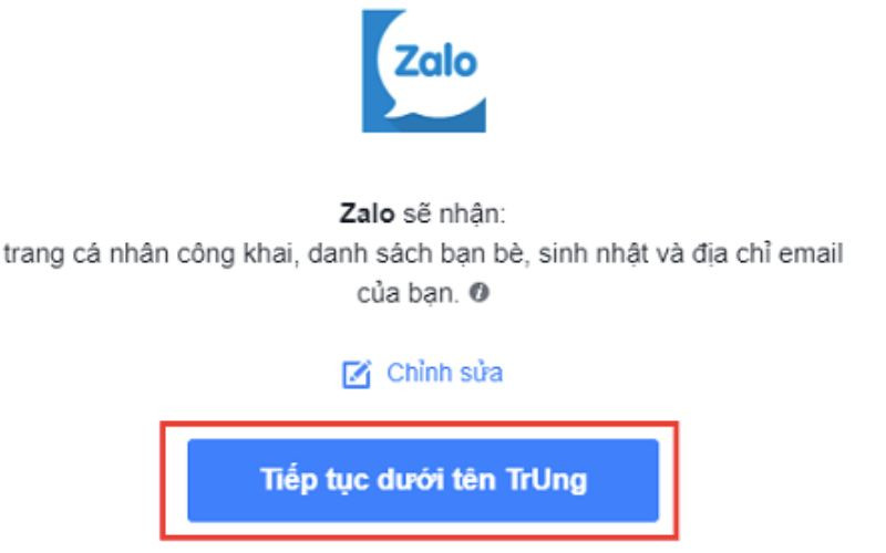  Nhấn tiếp tục dưới tên… để đăng nhập vào Zalo