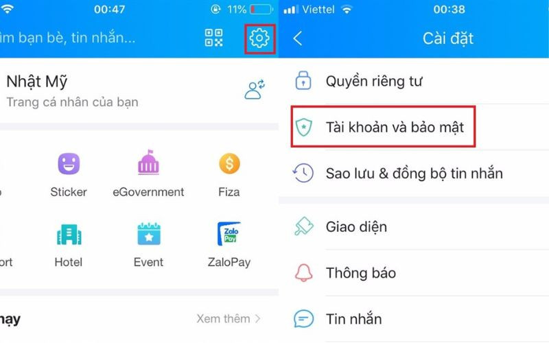 Chọn tài khoản và bảo mật ở mục cài đặt