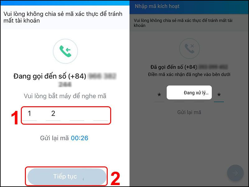  Nhập mã xác thực vào và chọn tiếp tục