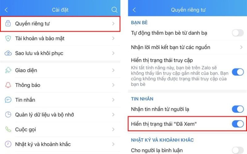 Nhấn hiển thị trạng thái “đã xem”