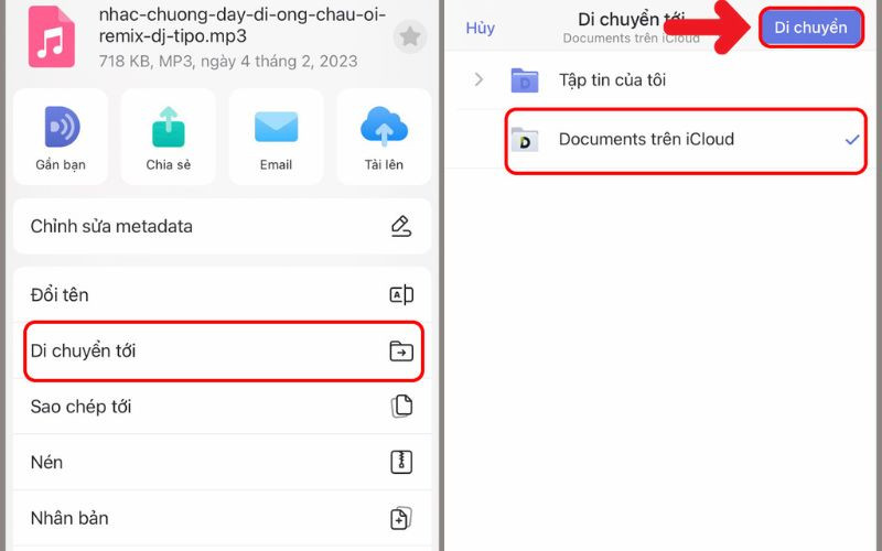 họn mục Di chuyển tới rồi chọn Document trên iCloud