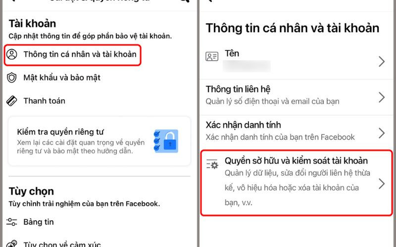 Bạn hãy chọn mục quyền sử hữu và kiểm soát tài khoản