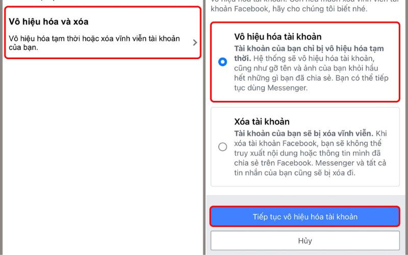  Chọn vào mục tiếp tục vô hiệu hóa tài khoản