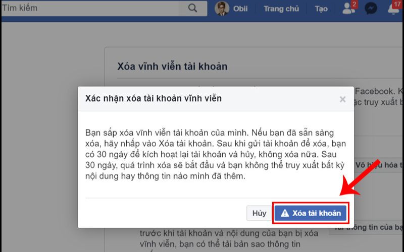  Xác nhận xóa tài khoản vĩnh viễn bằng cách chọn mục xóa tài khoản