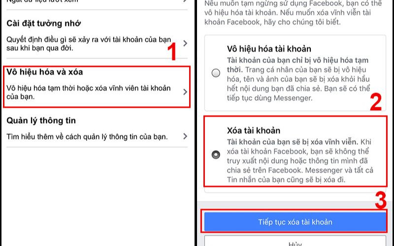   Để xóa tài khoản bạn nhấn chọn tiếp tục xóa tài khoản