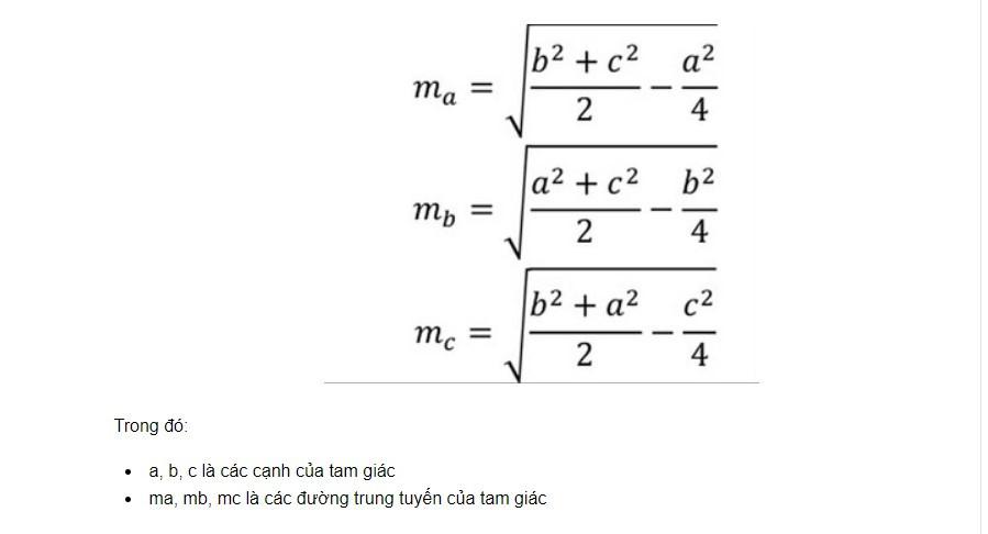 Công thức tính độ dài ba đường trung tuyến trong tam giác bất kỳ dựa trên số đo các cạnh tương ứng