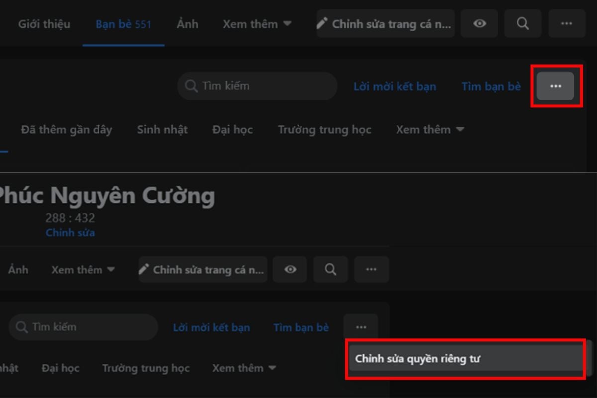 Bạn hãy chọn biểu tượng dấu ba chấm, sau đó nhấn Chỉnh sửa quyền riêng tư