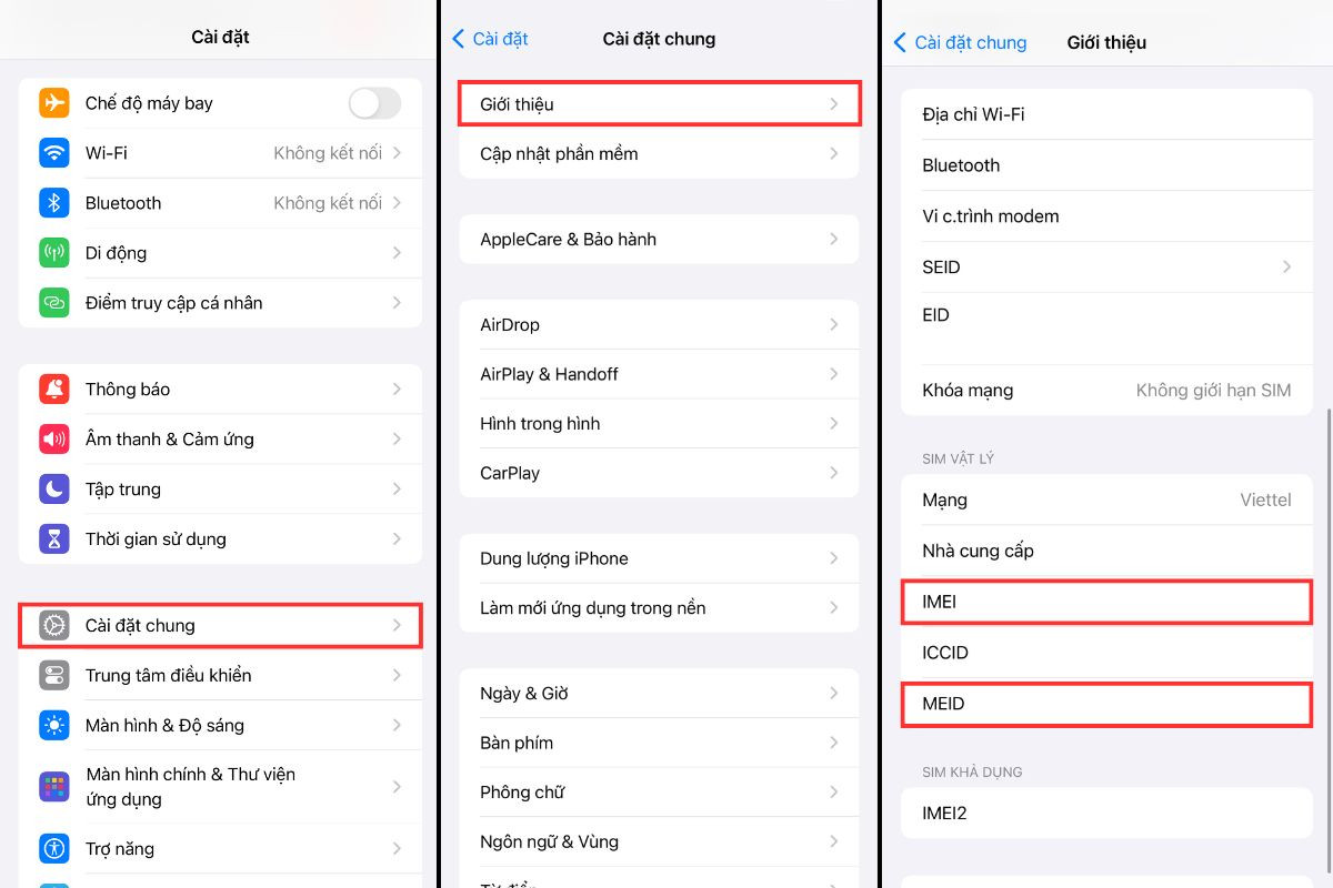 Tìm MEID/IMEI trong Cài đặt > Cài đặt chung > Giới thiệu trên iPhone 