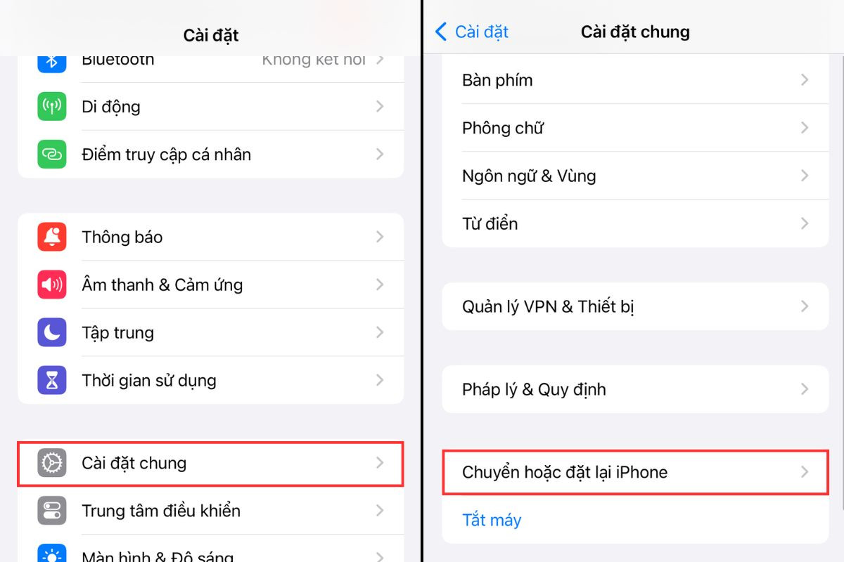 Truy cập Cài đặt trong iPhone và chọn Chuyển hoặc đặt lại iPhone