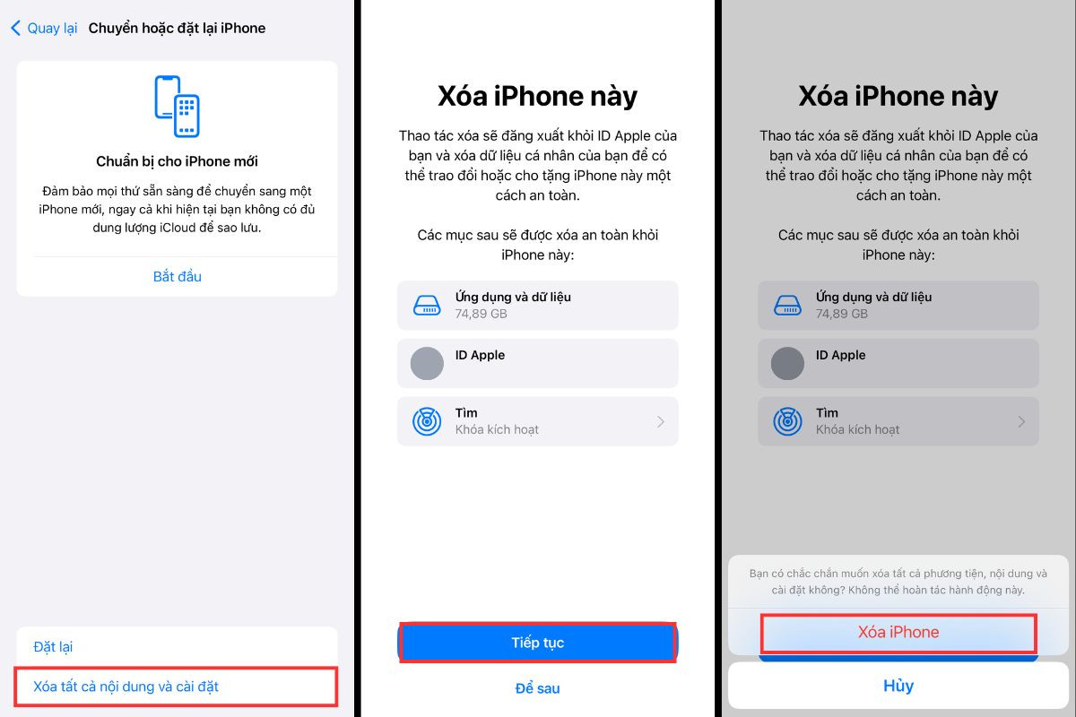 Chọn Xóa tất cả nội dung và cài đặt và ấn Xóa iPhone