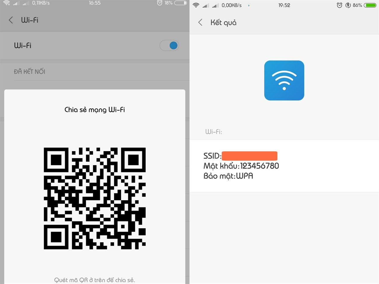 Mã QR wifi chứa thông tin về tên mạng và mật khẩu