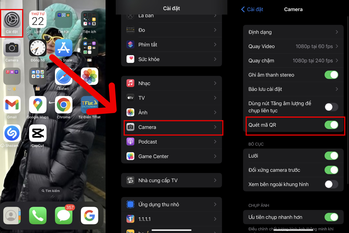 Bạn cần vào cài đặt camera trên iPhone để bật tính năng quét mã QR