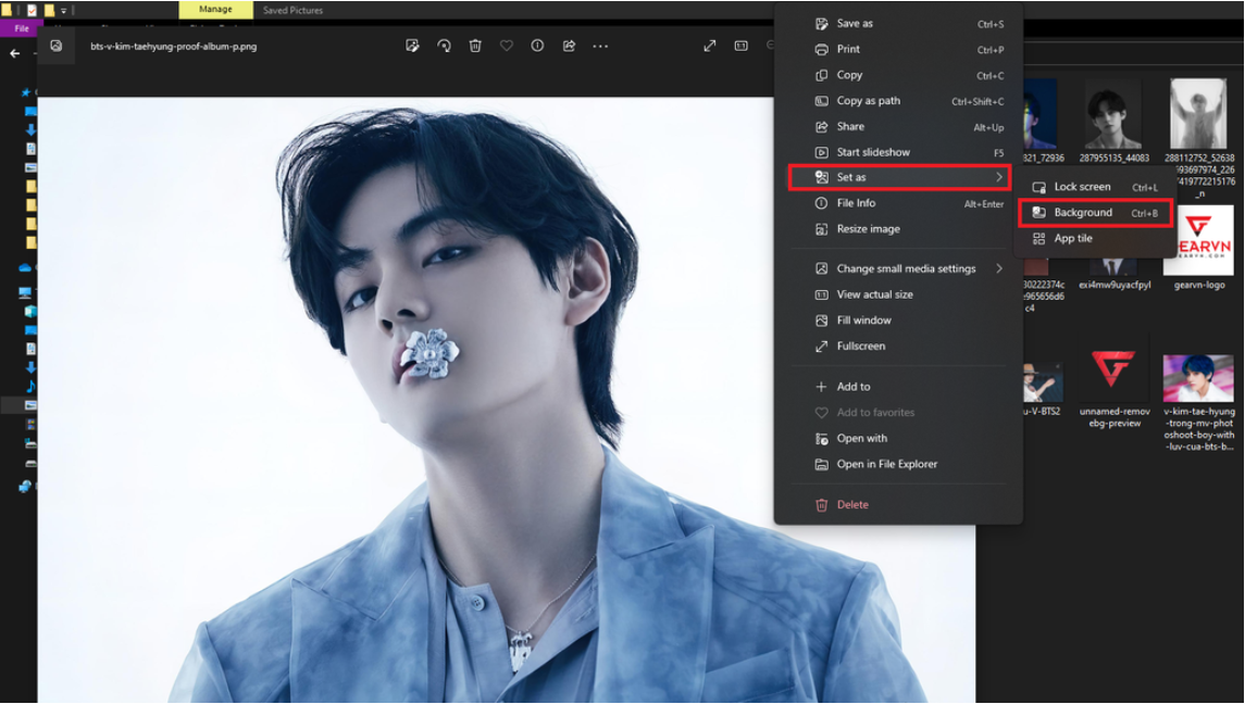 Nhấn chuột phải vào hình ảnh và chọn "Set as", sau đó chọn "Background"