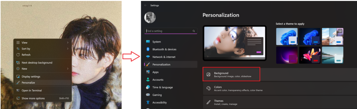 Chọn "Personalize", sau đó chọn "Background"