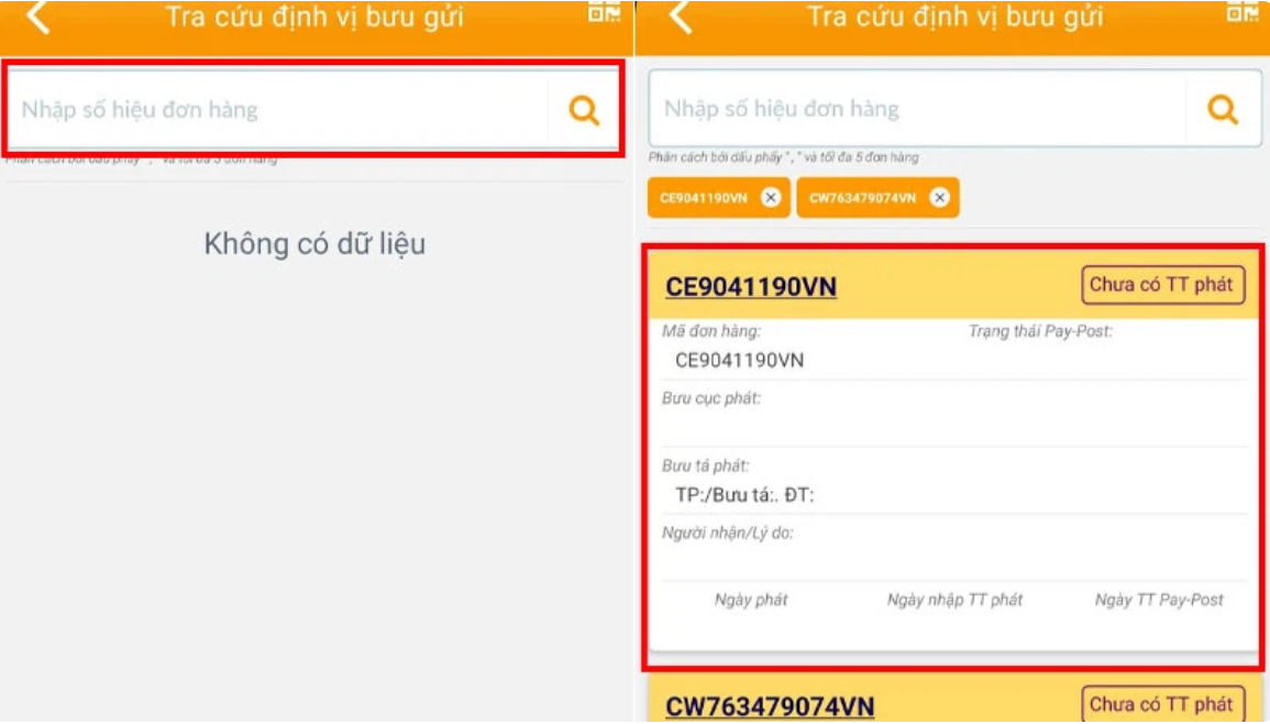 Ở mục "Nhập số hiệu đơn hàng", nhập thông tin từ vận đơn mà bạn nhận được từ người gửi, sau đó chọn "Tìm kiếm"