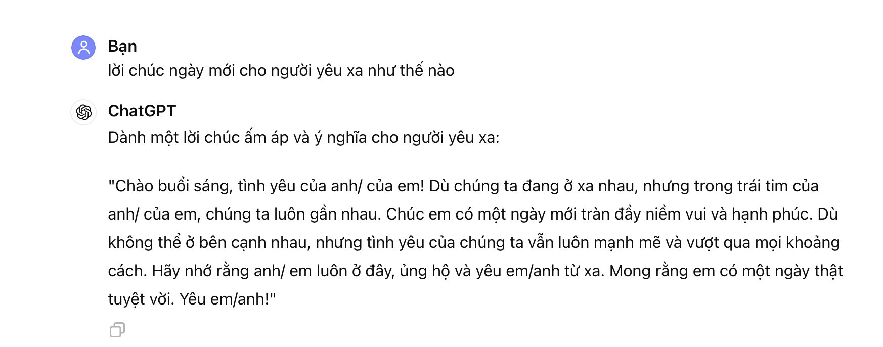 Lời chúc ngày mới cho người yêu xa được tạo bằng AI