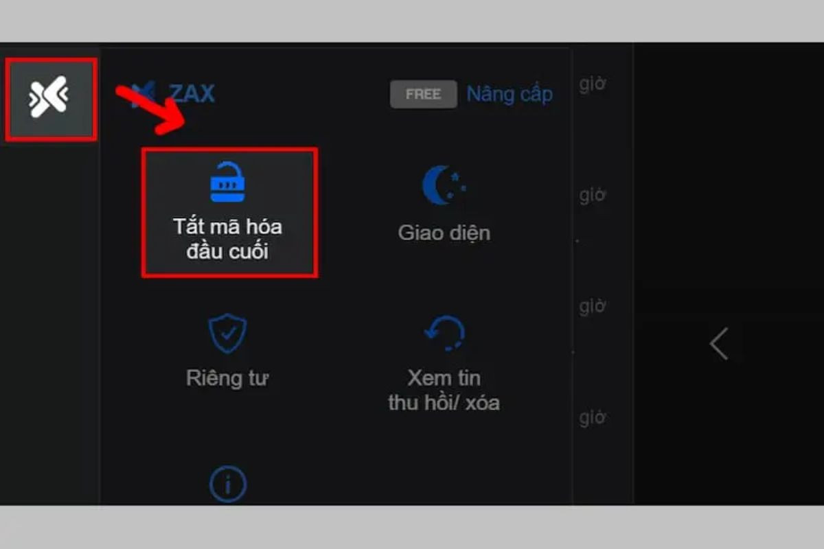 Bạn nhấn vào biểu tượng ZaX, sau đó chọn Tắt mã hoá đầu cuối