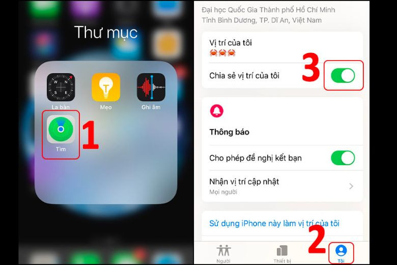 Để kích hoạt Sharing Location, bạn cần bật chia sẻ vị trí của tôi, tìm thiết bị của bạn và nhấn gửi