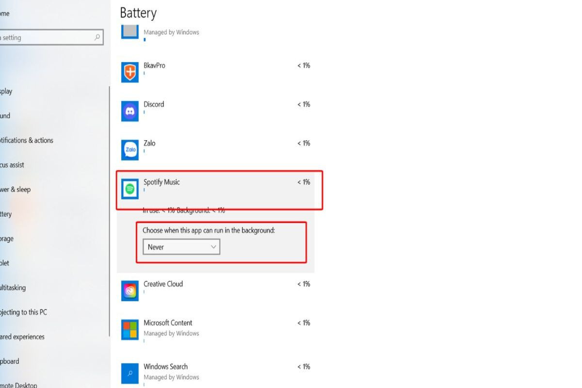 Chọn “Never”  ở mục “Background apps permissions” để cài đặt chế độ tắt khi không sử dụng ứng dụng