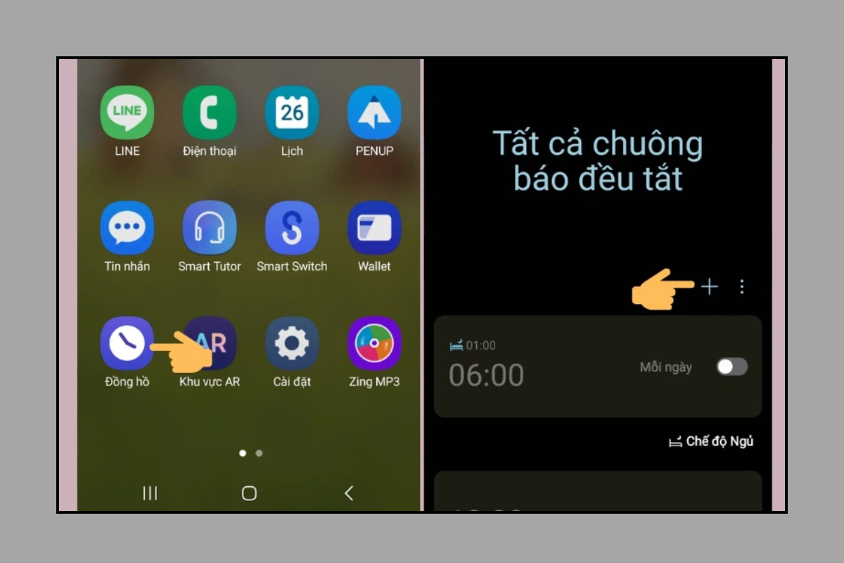 Nhấn tạo báo thức mới trên ứng dụng Đồng hồ