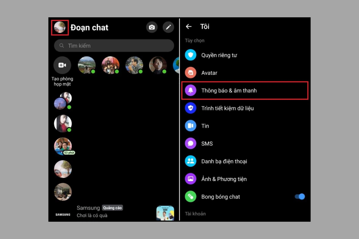 Chọn Thông báo & âm thanh tại ứng dụng Messenger