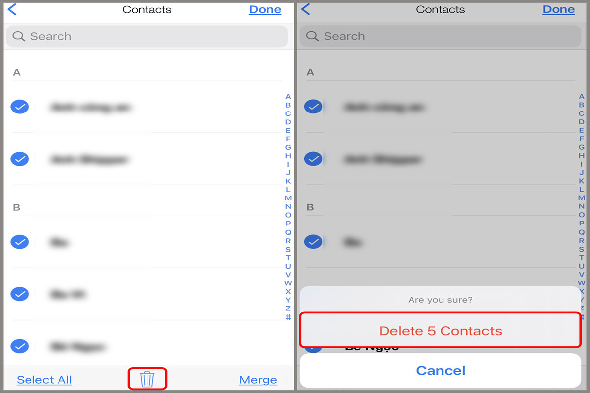 Chọn biểu tượng hình thùng rác và nhấn xác nhận để xóa các liên hệ đã chọn