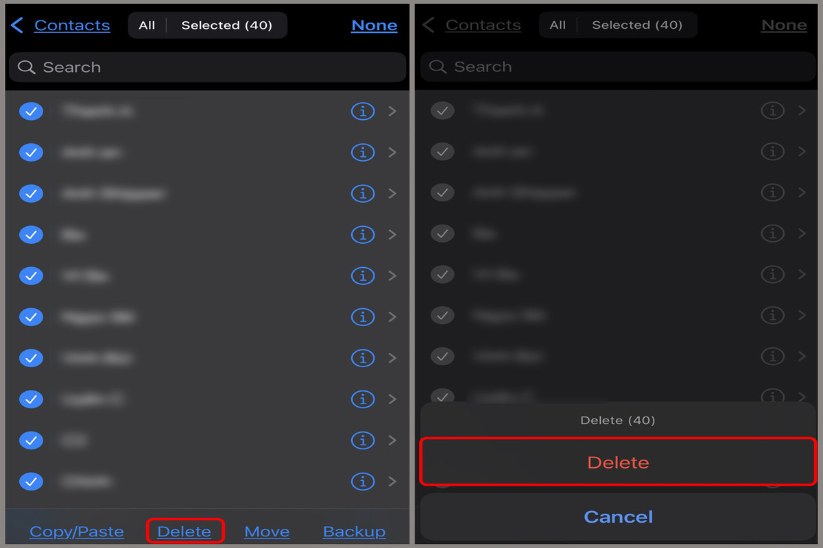 Chọn các số điện thoại cần xóa và nhấn chọn “Delete” để xóa liên hệ