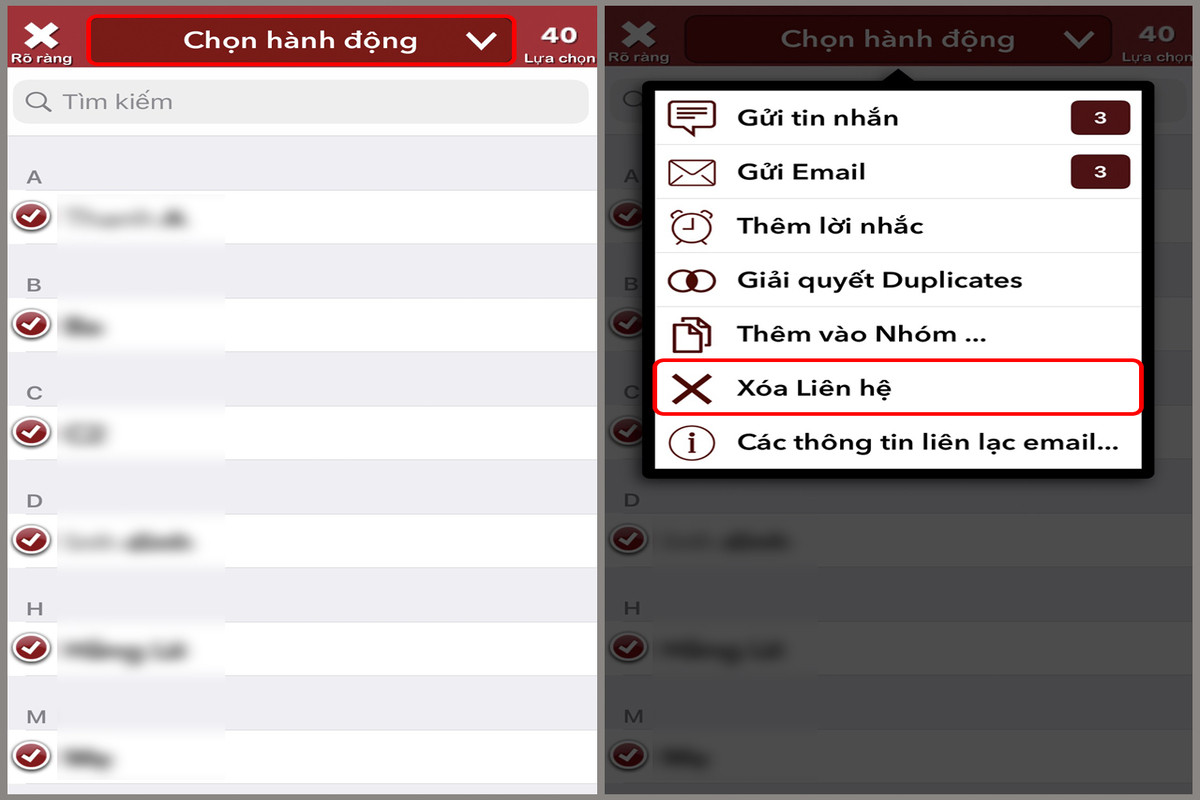 Nhấn vào chữ “Xóa liên hệ” để loại bỏ các số liên hệ không cần thiết