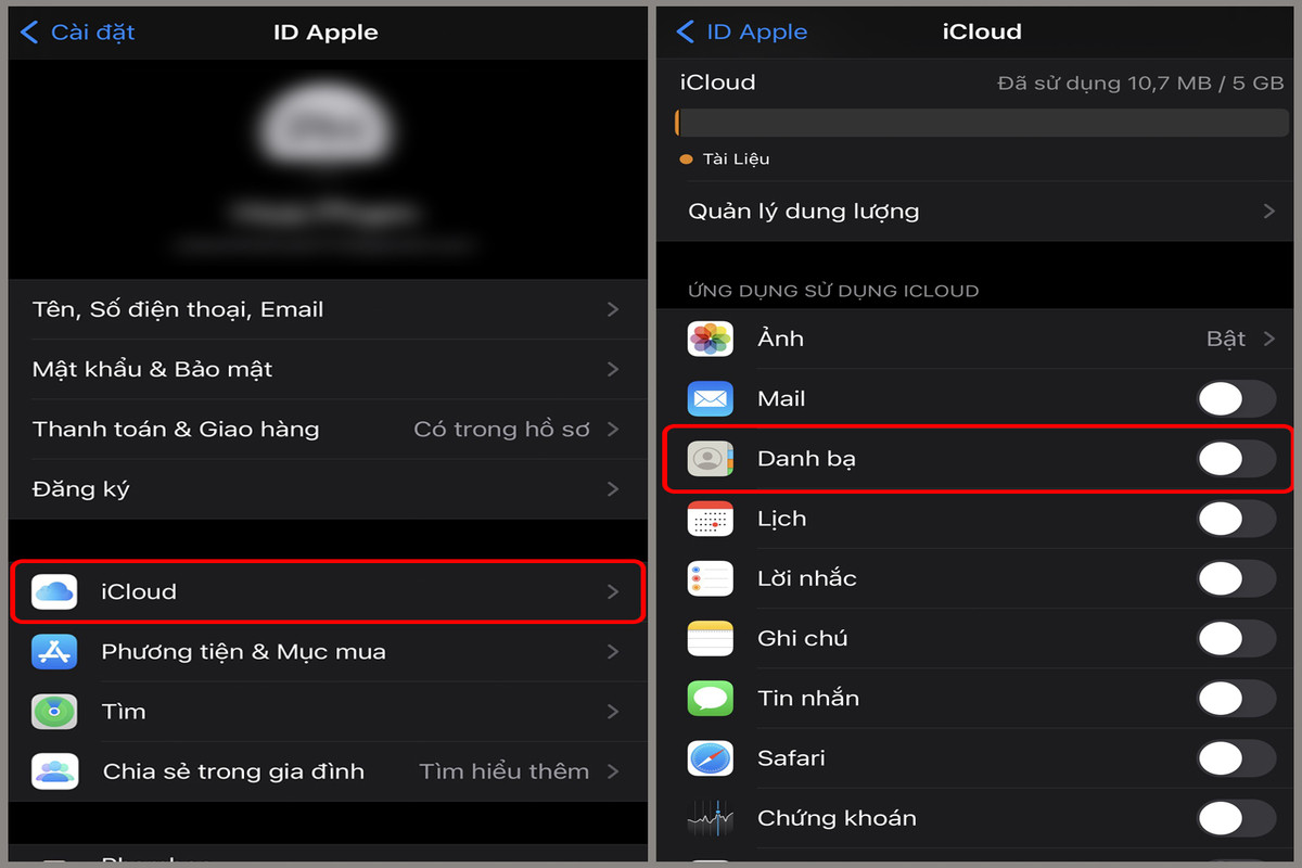 Truy cập mục iCloud trên thiết bị điện thoại