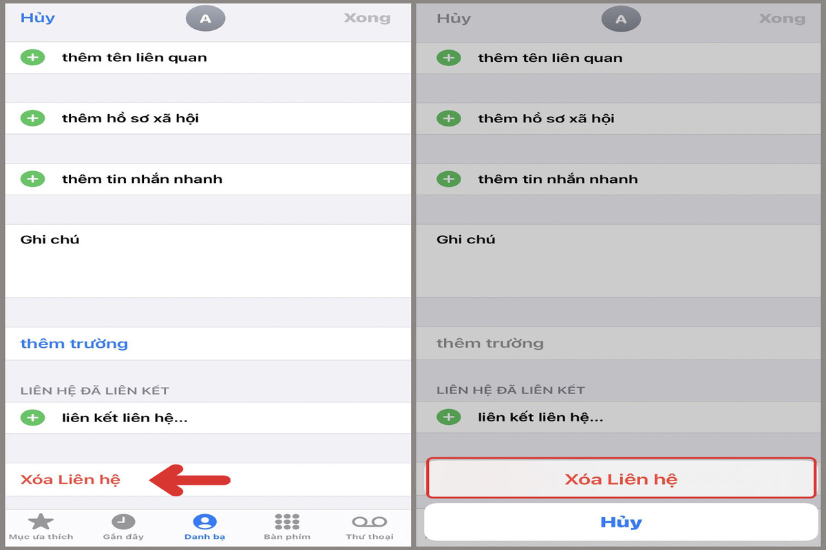 Chọn mục “Xóa liên hệ” là bước quan trọng trong cách xóa số điện thoại trên iPhone