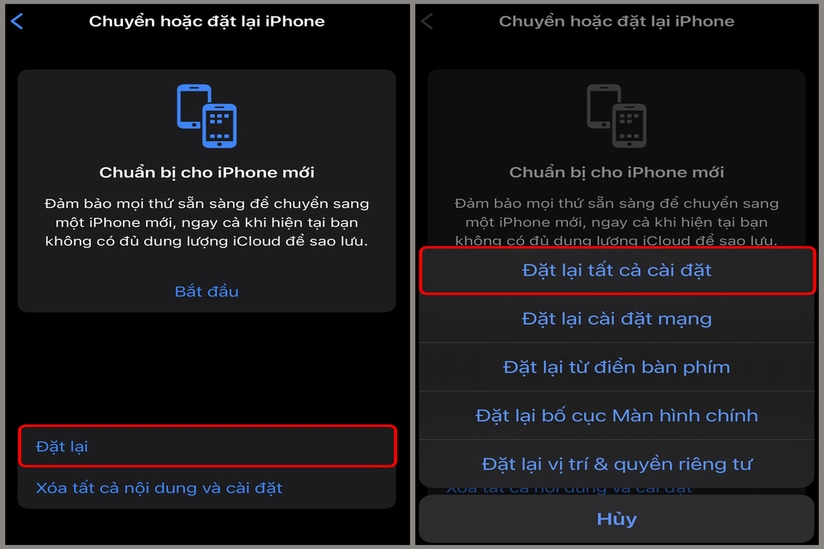 Nhấn chọn mục “Đặt lại” rồi chọn tiếp “Đặt lại tất cả cài đặt” để hoàn tất quy trình