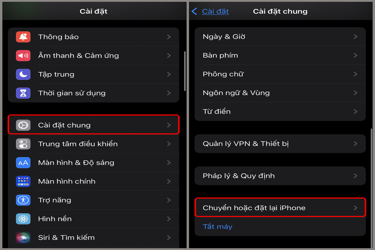 Truy cập mục “Cài đặt chung” và chọn tiếp “ Chuyển hoặc đặt lại iPhone”